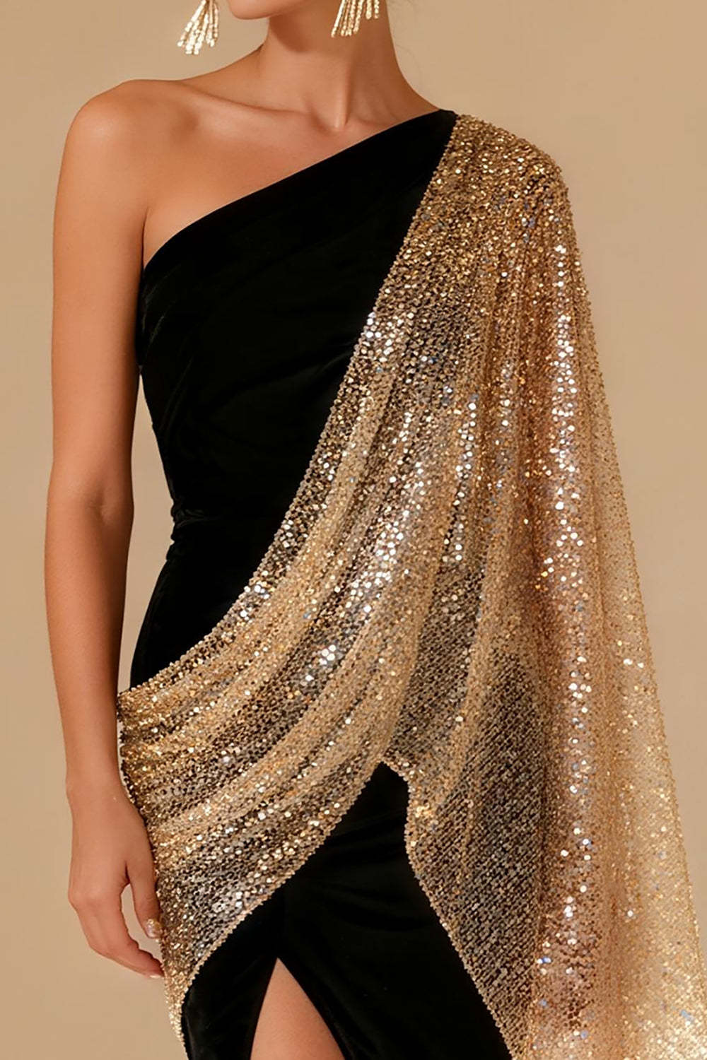 Sparkly Black Mermaid One Shoulder Maxi Formal Dress with Slit