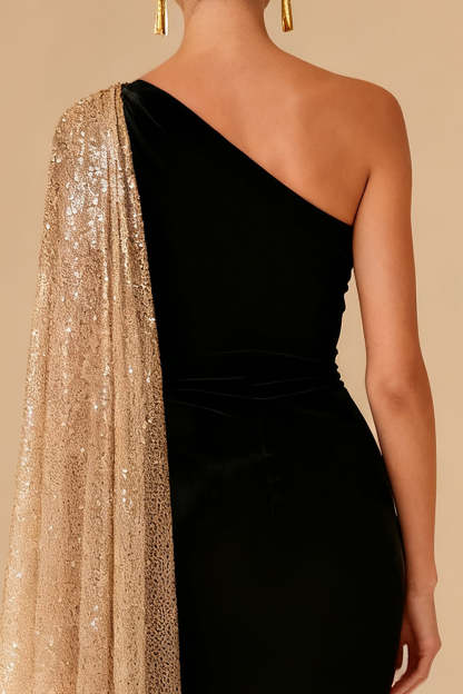 Sparkly Black Mermaid One Shoulder Maxi Formal Dress with Slit