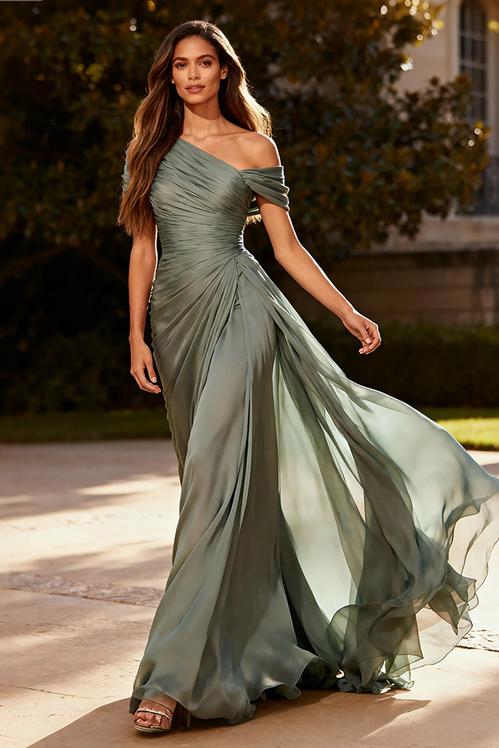 Dusty Sage Ruched Chiffon Long Formal Dress with Side Cape