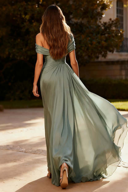 Dusty Sage Ruched Chiffon Long Formal Dress with Side Cape