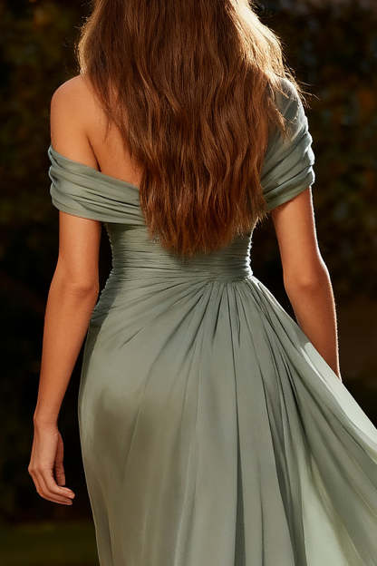 Dusty Sage Ruched Chiffon Long Formal Dress with Side Cape