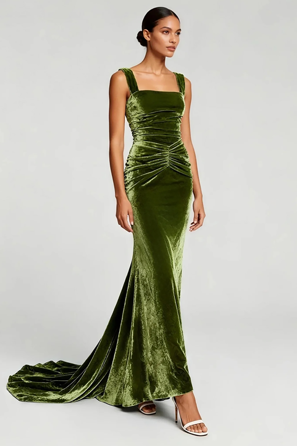 Leely Women Simple Velvet Olive Long Formal Dress Thick Straps Mermaid Holiday Party Dress