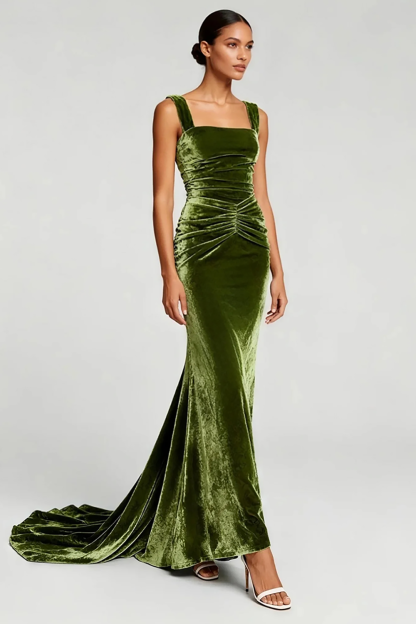 Leely Women Simple Velvet Olive Long Formal Dress Thick Straps Mermaid Holiday Party Dress
