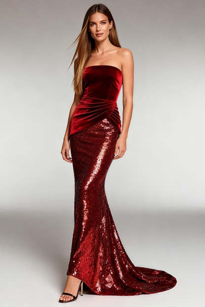 Leely Women Sparkly Sequin Burgundy Long Formal Dress Strapless Mermaid Holiday Party Dress
