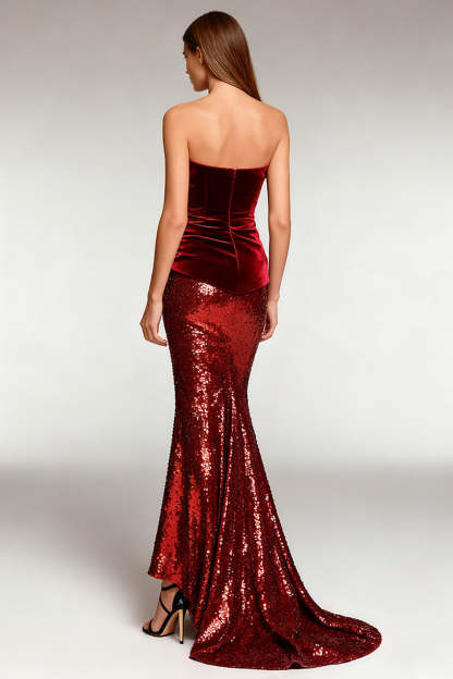 Sparkly Burgundy Sequin Strapless Long Formal Dress