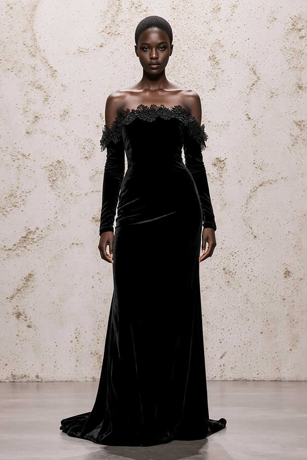 Leely Women Black Velvet Sheath Holiday Party Dress with Lace Off the Shoulder Long Sleeves Formal Dress