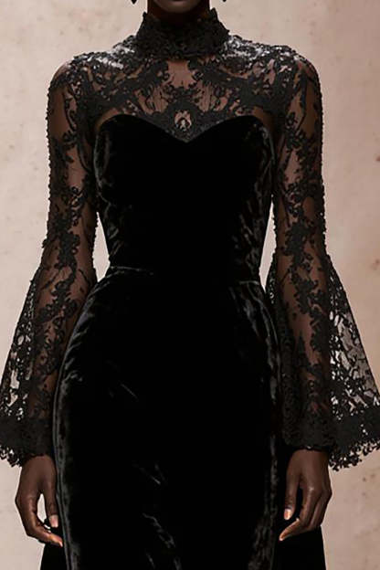 Black Velvet Sheath High Neck Maxi Holiday Party Dress with Lace