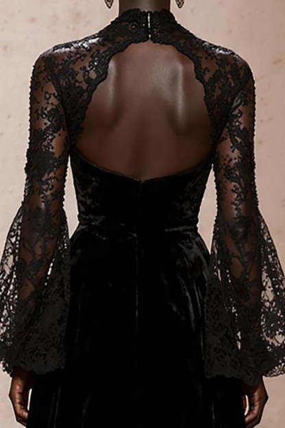 Black Velvet Sheath High Neck Maxi Holiday Party Dress with Lace