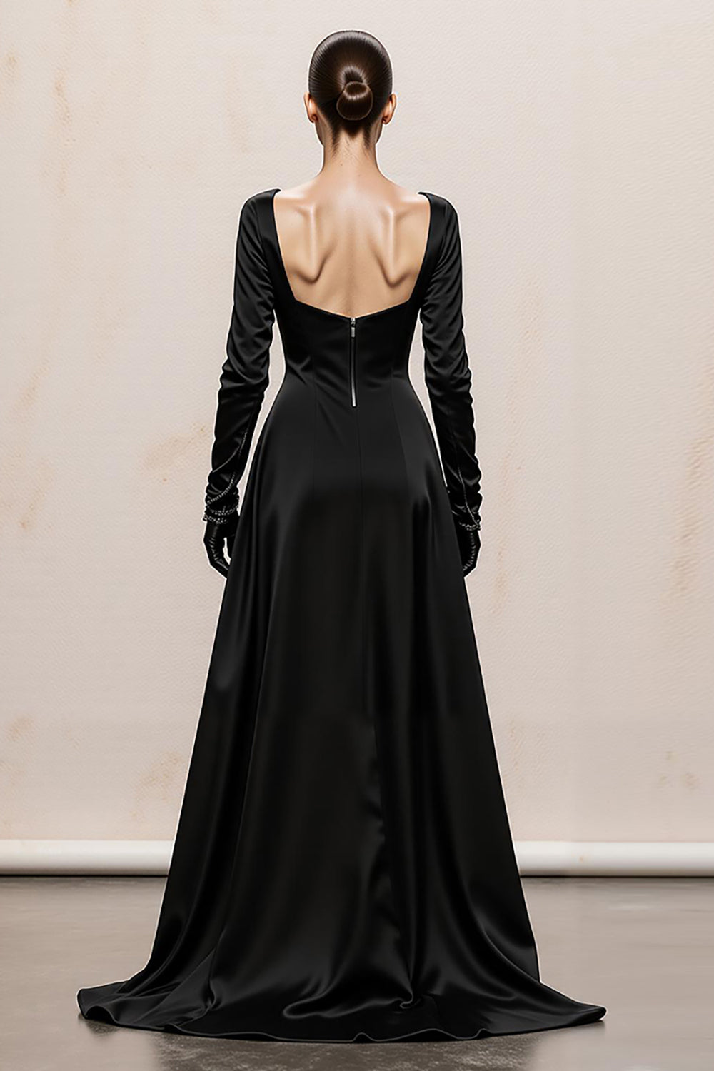 Black and White Satin Square Neck Long Sleeves Formal Dress