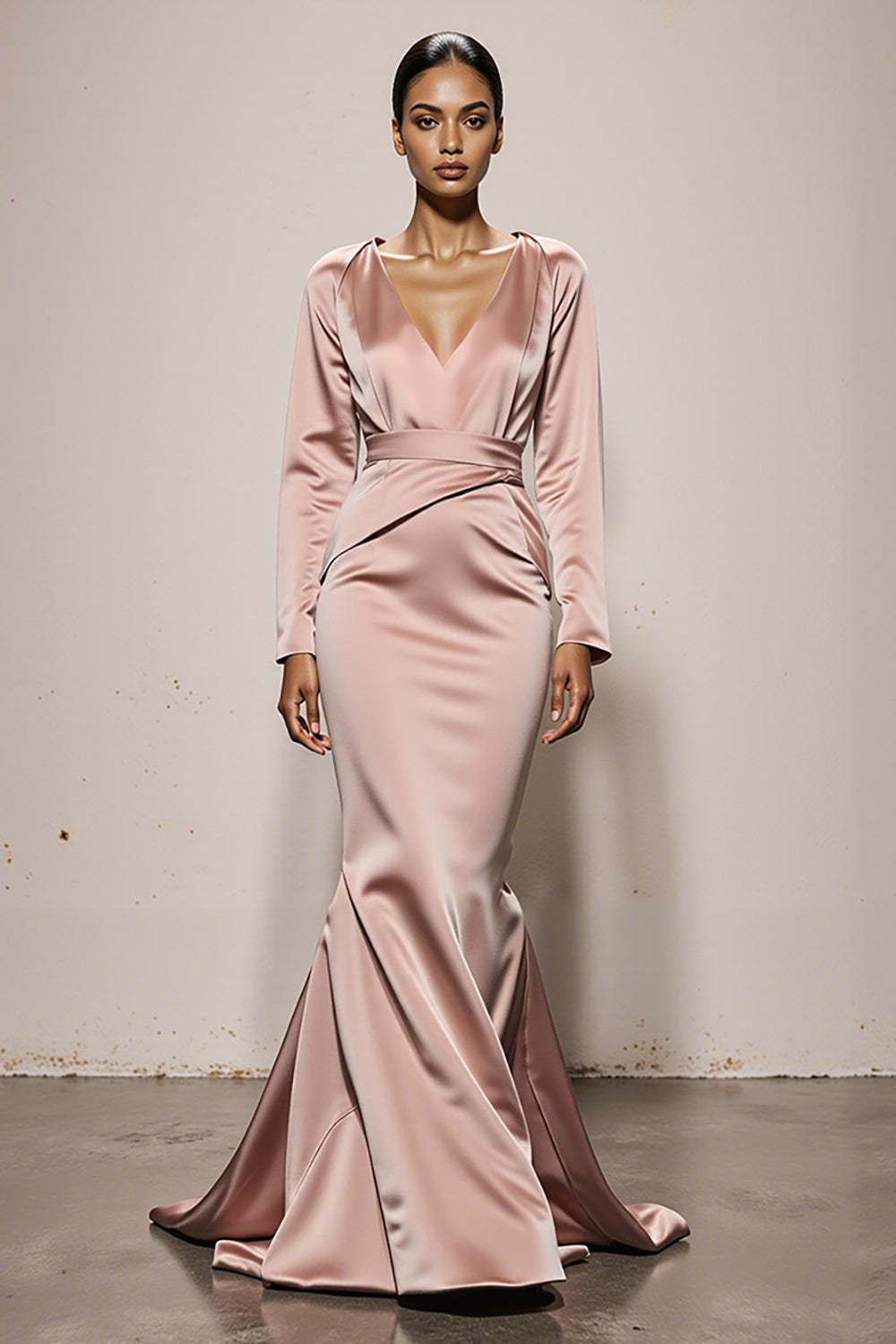 Leely Women Light Pink Satin Maxi Formal Dress Mermaid V-Neck Backless Long Sleeves Evening Dress