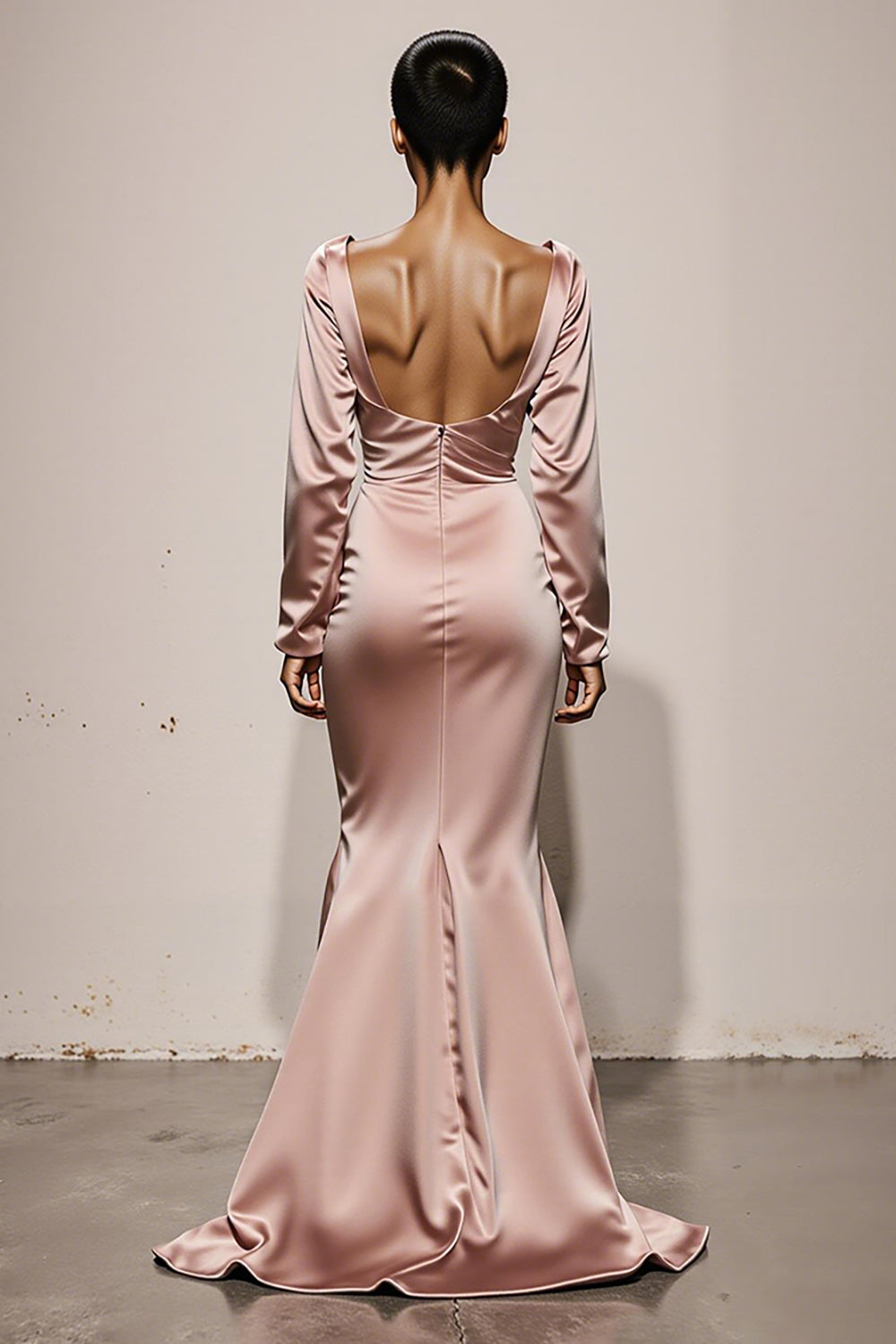 Light Pink Satin Mermaid V-Neck Backless Maxi Formal Dress