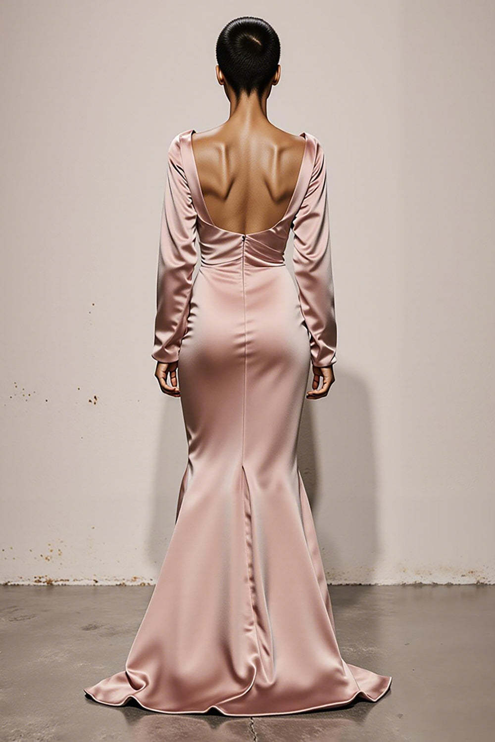 Light Pink Satin Mermaid V-Neck Backless Maxi Formal Dress
