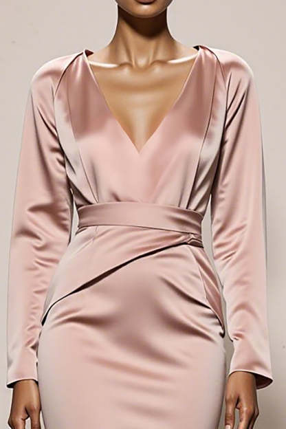 Light Pink Satin Mermaid V-Neck Backless Maxi Formal Dress