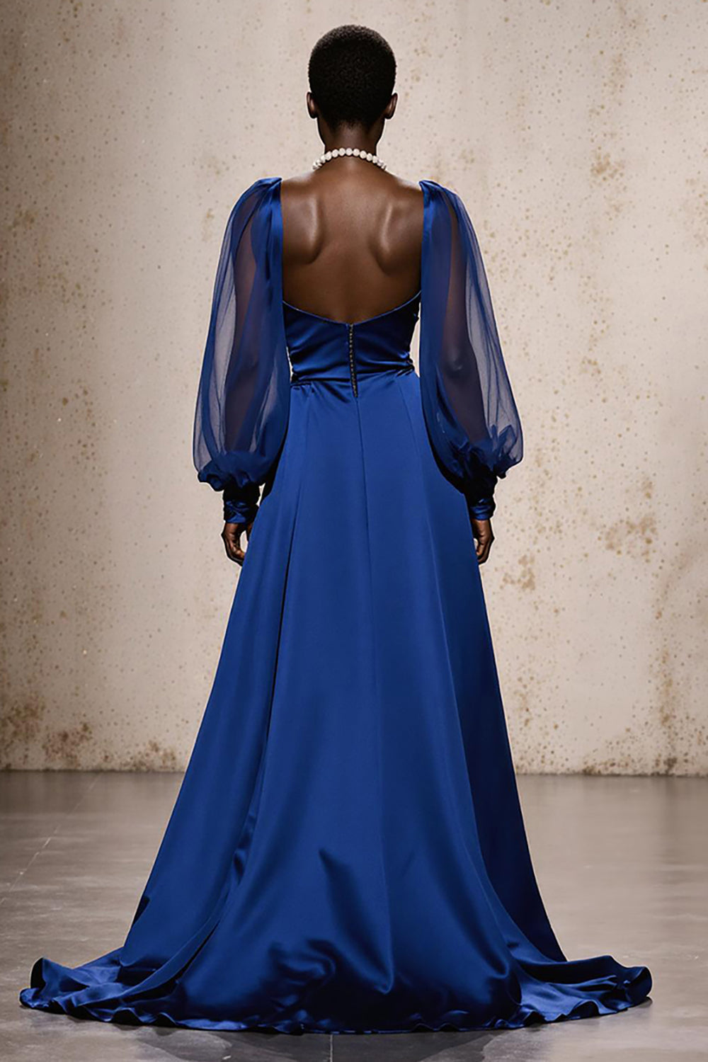 Royal Blue Satin Mermaid Ruched Long Sleeves Formal Dress with Sash