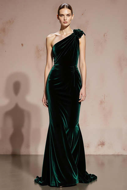 Leely Women Dark Green Velvet Maxi Holiday Party Dress with 3D Flower Ruched Mermaid One Shoulder Formal Dress