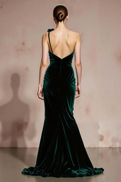 Dark Green Mermaid One Shoulder Long Velvet Holiday Party Dress with 3D Flower