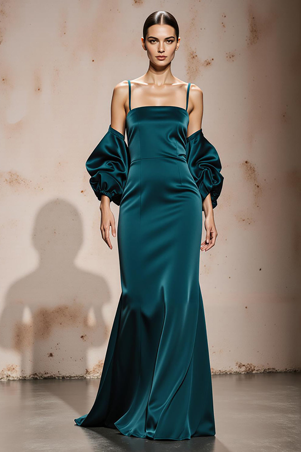 Leely Women Peacock Blue Spaghetti Straps Maxi Formal Dress with Sleeves Satin Mermaid Backless Evening Dress