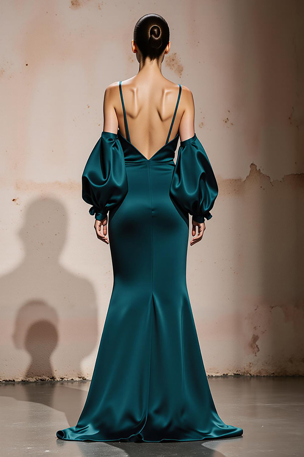 Peacock Blue Spaghetti Straps Satin Mermaid Maxi Formal Dress with Sleeves