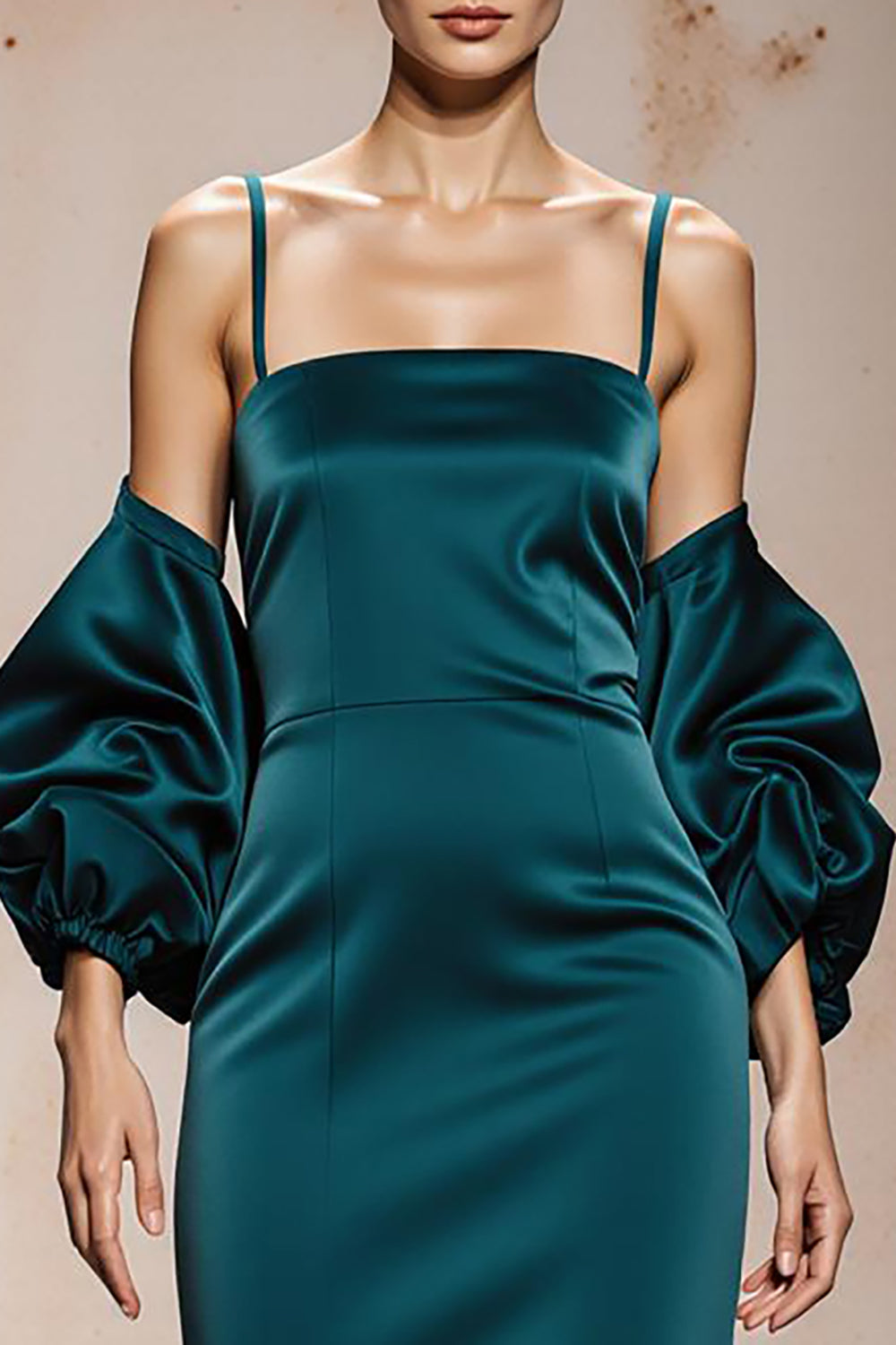 Peacock Blue Spaghetti Straps Satin Mermaid Maxi Formal Dress with Sleeves