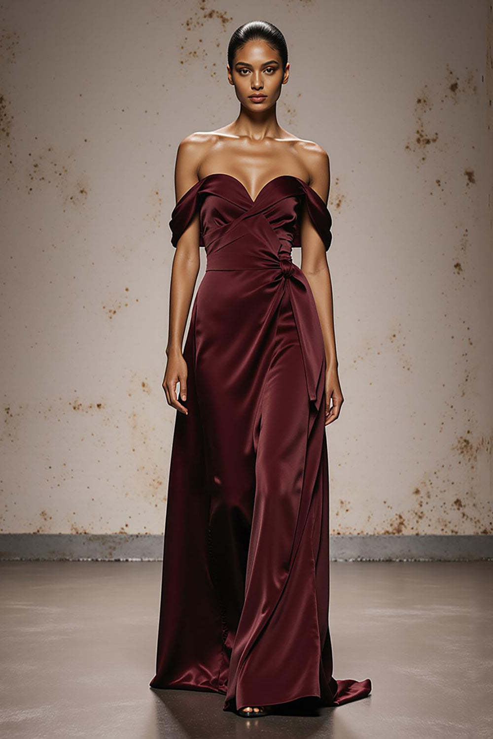 Leely Women Burgundy Off the Shoulder Maxi Formal Dress Sheath Satin Sweetheart Holiday Party Dress