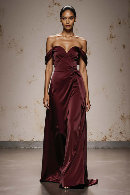 Leely Women Burgundy Off the Shoulder Maxi Formal Dress Sheath Satin Sweetheart Holiday Party Dress