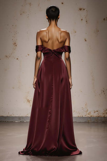 Burgundy Satin Off the Shoulder Sheath Sweetheart Maxi Formal Dress