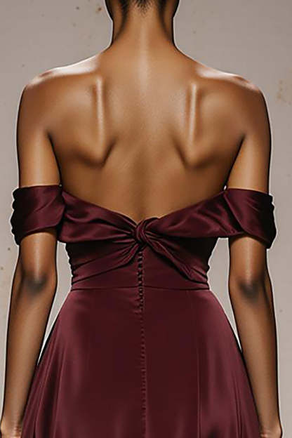 Burgundy Satin Off the Shoulder Sheath Sweetheart Maxi Formal Dress