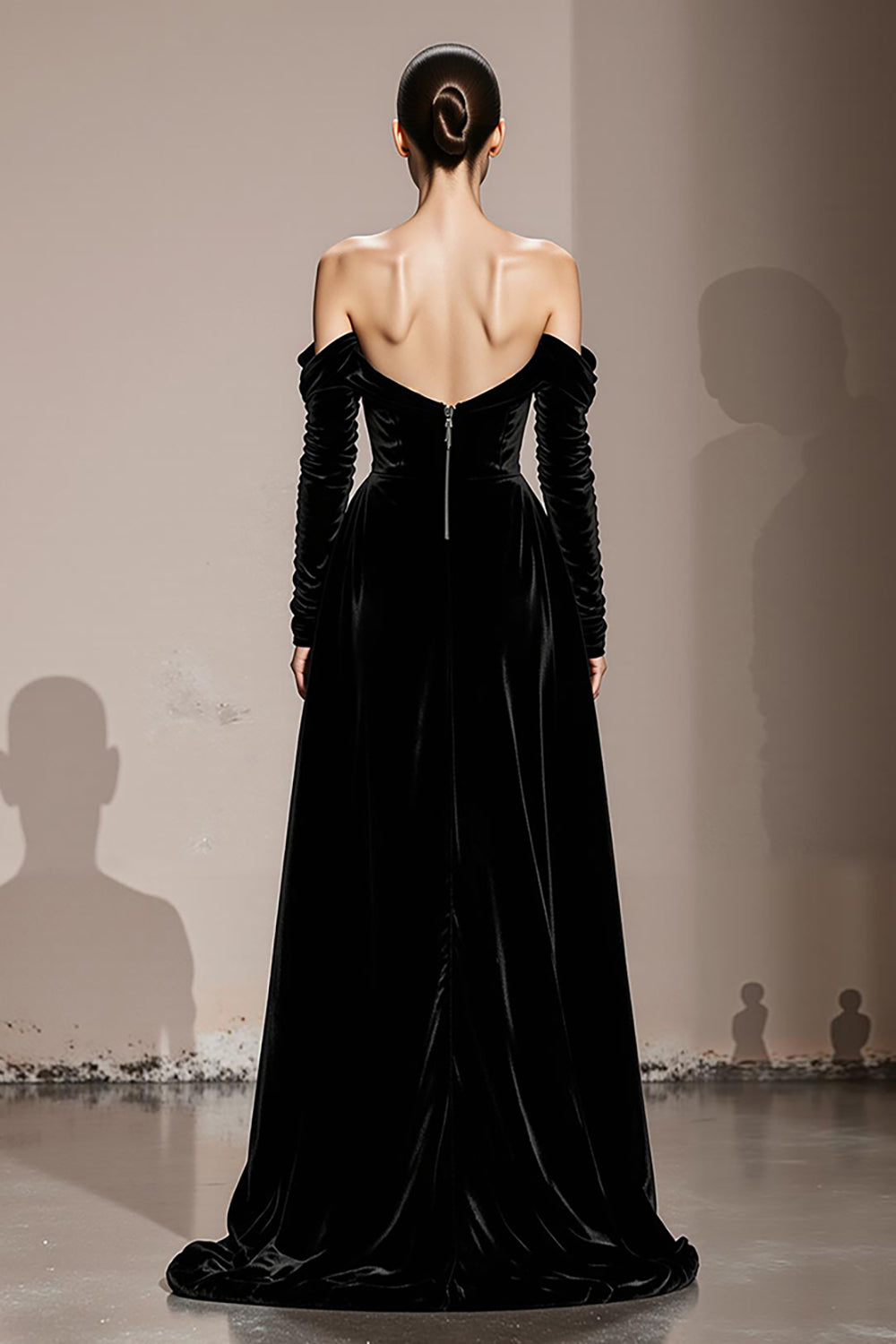 Black Velvet Off the Shoulder Long Sleeves Sheath Holiday Party Dress with Slit