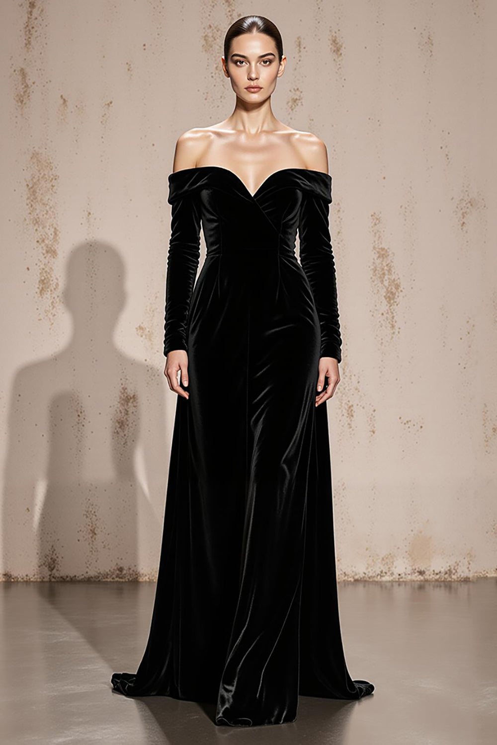 Black Off the Shoulder Sheath Long Sleeves Velvet Holiday Party Dress