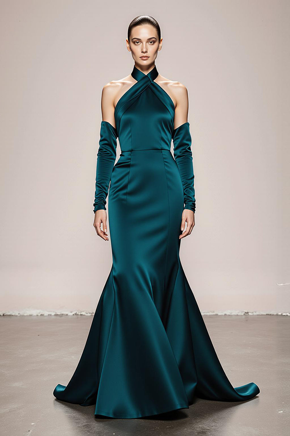 Leely Women Peacock Green Satin Halter Long Formal Dress Mermaid Backless Evening Dress with Sleeves
