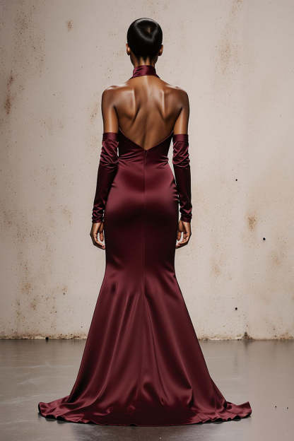 Burgundy Halter Mermaid Satin Long Formal Dress with Sleeves