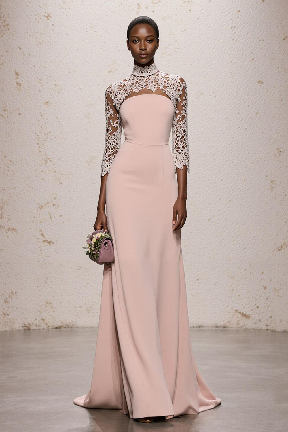 Simple Light Pink High Neck Maxi Formal Dress with Lace