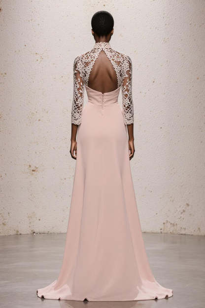 Simple Light Pink High Neck Maxi Formal Dress with Lace