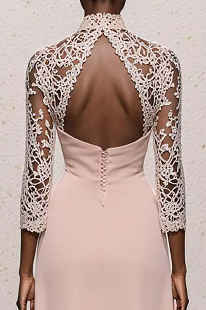 Simple Light Pink High Neck Maxi Formal Dress with Lace