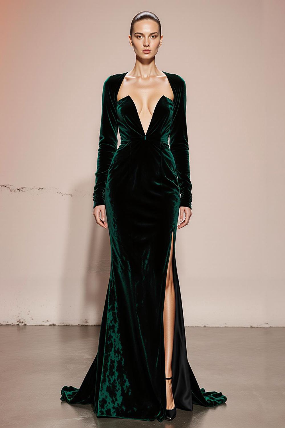 Dark Green Velvet Long Sleeves Mermaid Formal Dress with Slit