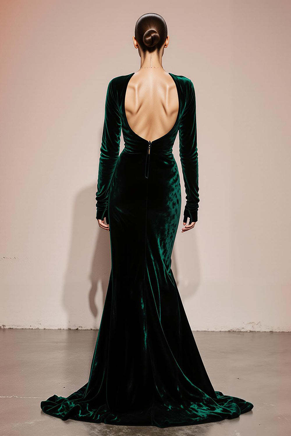 Dark Green Velvet Long Sleeves Mermaid Formal Dress with Slit