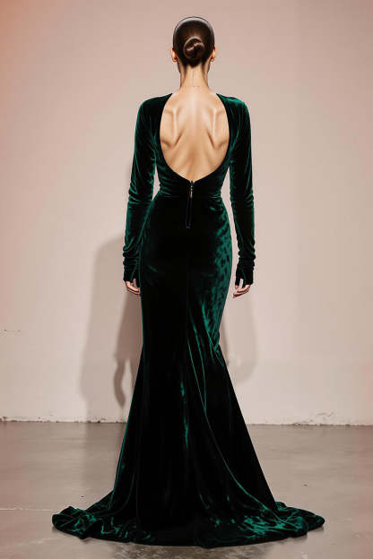 Dark Green Velvet Long Sleeves Mermaid Formal Dress with Slit
