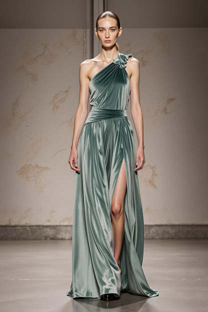 Leely Women Mint Green Long Velvet Formal Dress with Slit One Shoulder Sheath Holiday Party Dress
