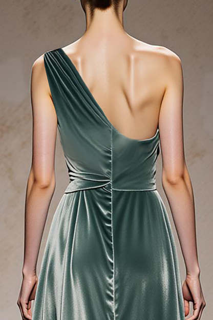 Mint Green One Shoulder Velvet Long Formal Dress with Slit