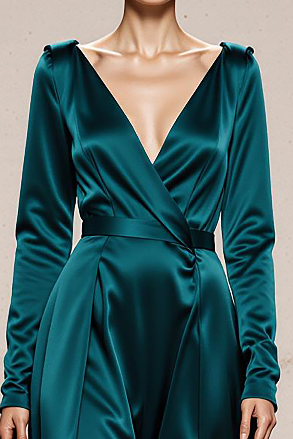 Peacock Green Satin V-Neck A Line Long Formal Dress with Sleeves