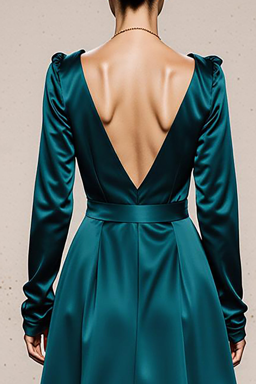 Peacock Green Satin V-Neck A Line Long Formal Dress with Sleeves