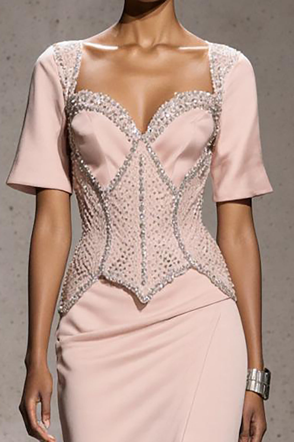 Sparkly Light Pink Beaded Mermaid Long Formal Dress with Slit