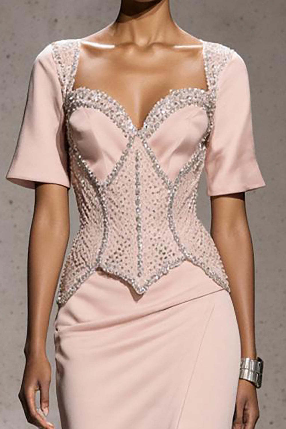 Sparkly Light Pink Beaded Mermaid Long Formal Dress with Slit