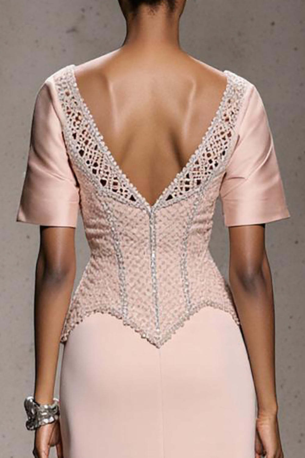 Sparkly Light Pink Beaded Mermaid Long Formal Dress with Slit