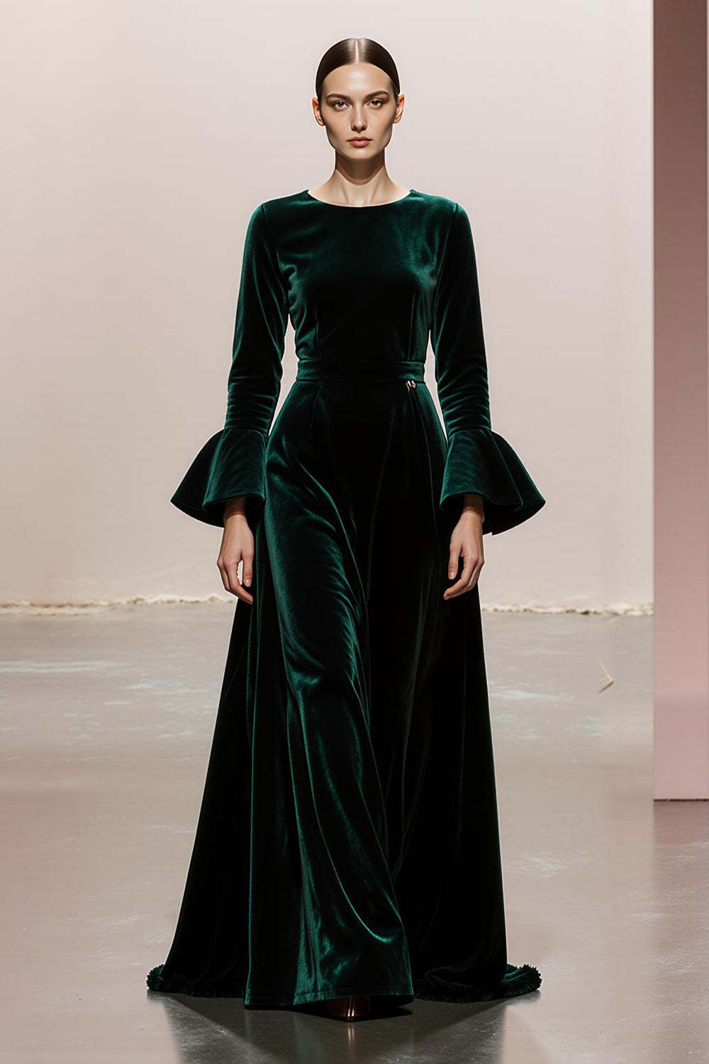 Leely Women Dark Green Long Velvet Formal Dress with Sleeves Round Neck A Line Holiday Party Dress
