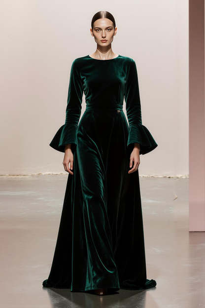 Leely Women Dark Green Long Velvet Formal Dress with Sleeves Round Neck A Line Holiday Party Dress