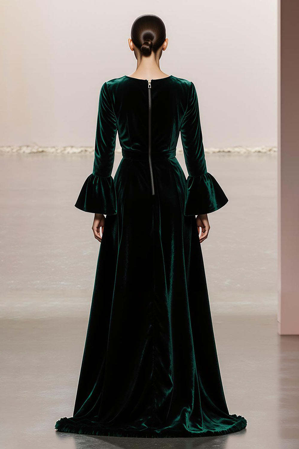 Dark Green Round Neck A Line Velvet Long Formal Dress with Sleeves