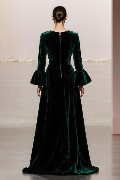 Dark Green Round Neck A Line Velvet Long Formal Dress with Sleeves