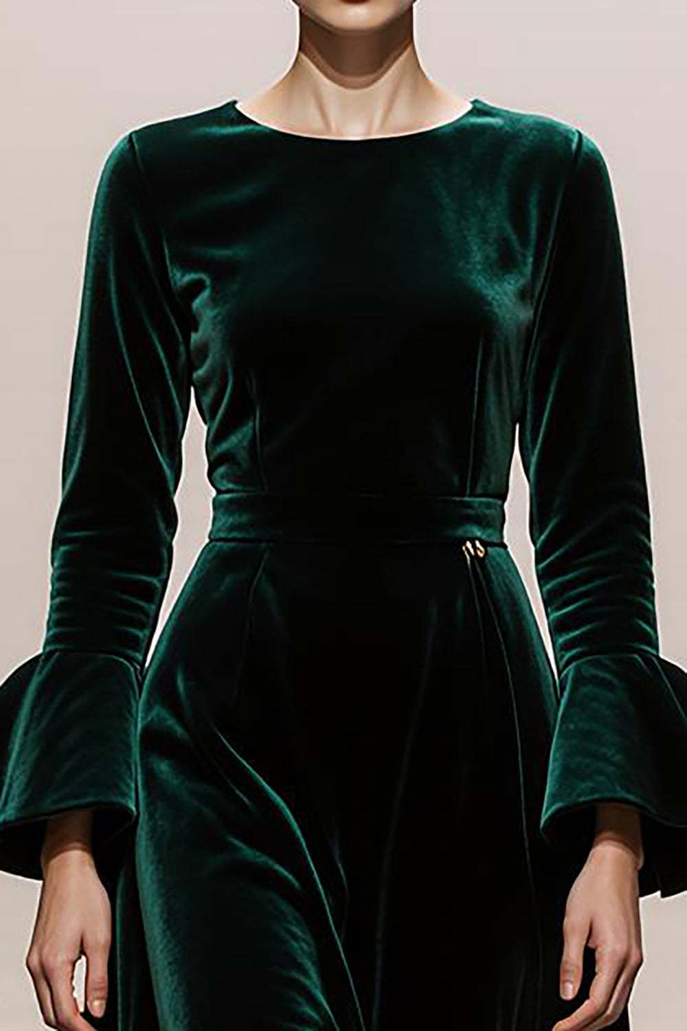 Dark Green Round Neck A Line Velvet Long Formal Dress with Sleeves