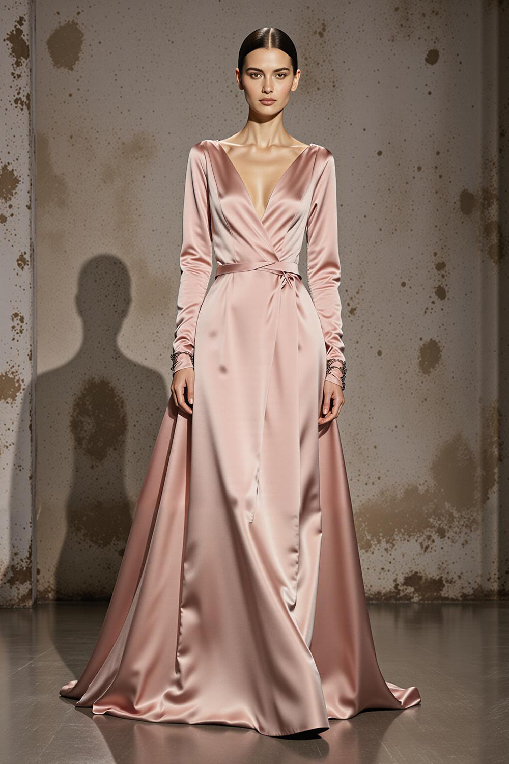 Light Pink A Line V-Neck Satin Maxi Formal Dress with Sleeves